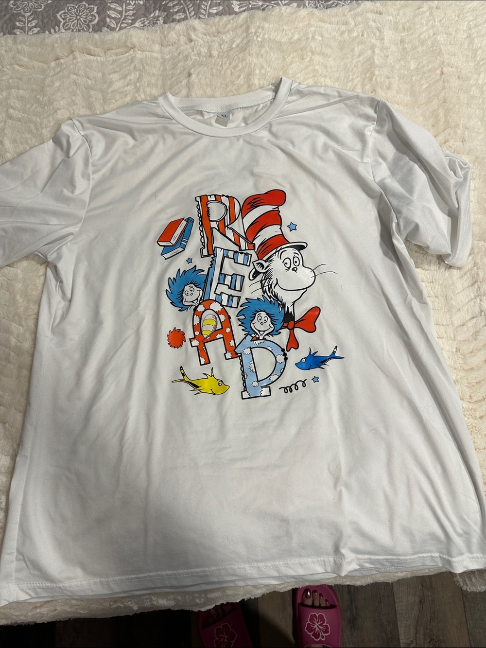Dr. Seuss White Tee with Cat in the Hat Red, Blue & Yellow Graphic